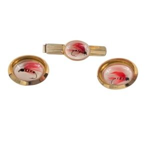 Anson Fly Fishing Lure Lucite Tie‎ Clip Cufflinks Men's Gold Brass Set Vtg Gift
